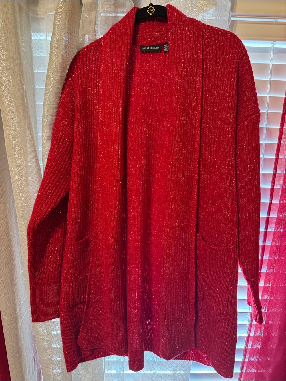 Nina Leonard Red Open-Front Ribbed Cardigan with Pockets
